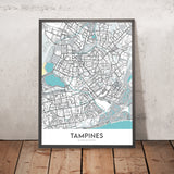 Moderne Stadtkarte von Tampines, Singapur: Unser Tampines Hub, Tampines Mall, Eco Green, Regionale Bibliothek, Central Park 