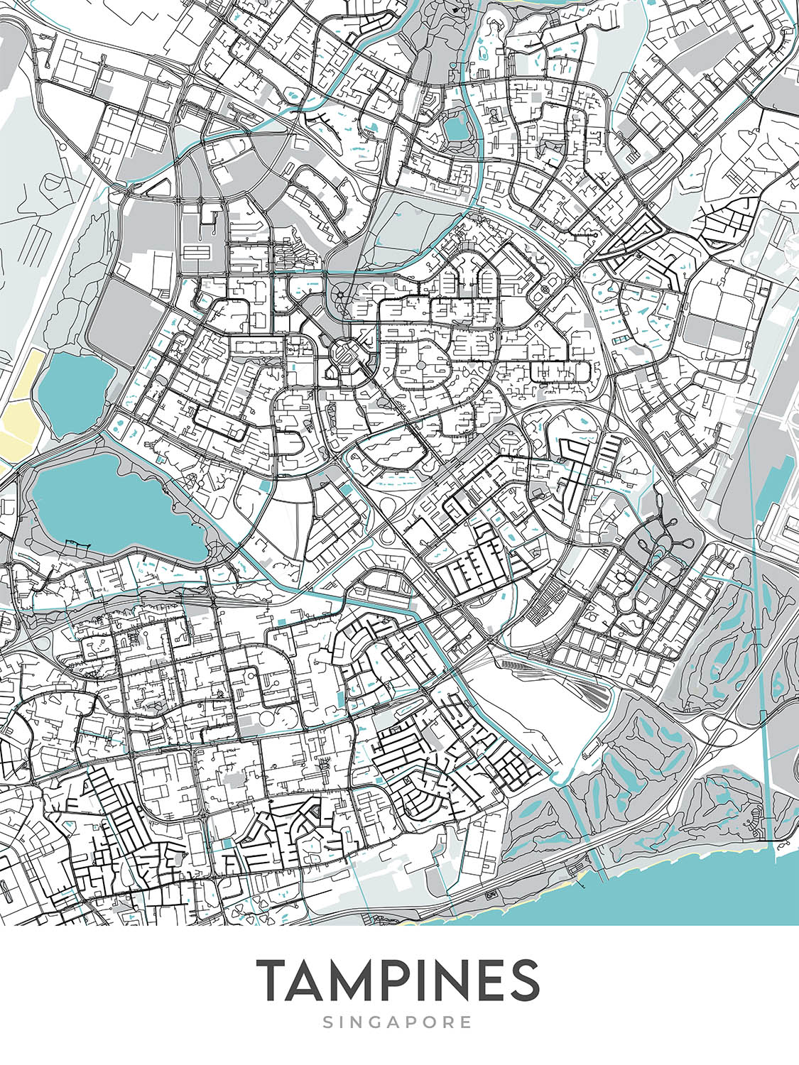 Moderner Stadtplan von Tampines, Singapur: Unser Tampines Hub, Tampines Mall, Eco Green, Regionalbibliothek, Central Park