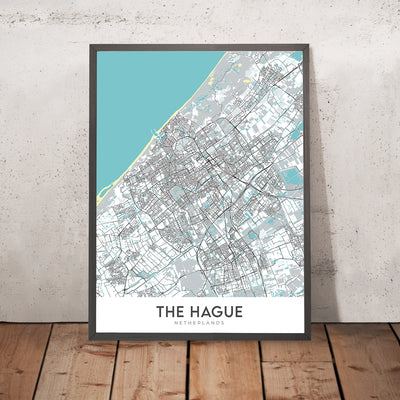 Modern City Map of The Hague, Netherlands: Binnenhof, Peace Palace, Scheveningen Beach, Madurodam, Escher Museum