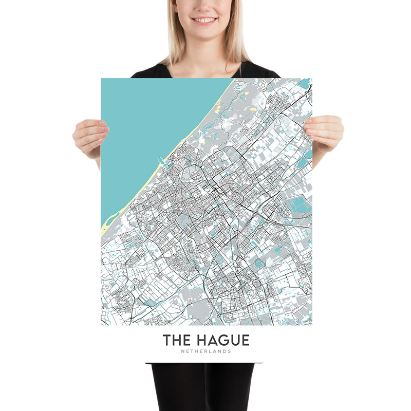 Modern City Map of The Hague, Netherlands: Binnenhof, Peace Palace, Scheveningen Beach, Madurodam, Escher Museum