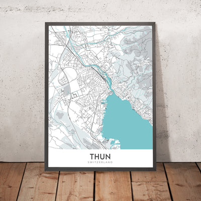 Mapa moderno de la ciudad de Thun, Suiza: Altstadt, castillo de Thun, río Aare, montaña Stockhorn, montaña Niesen