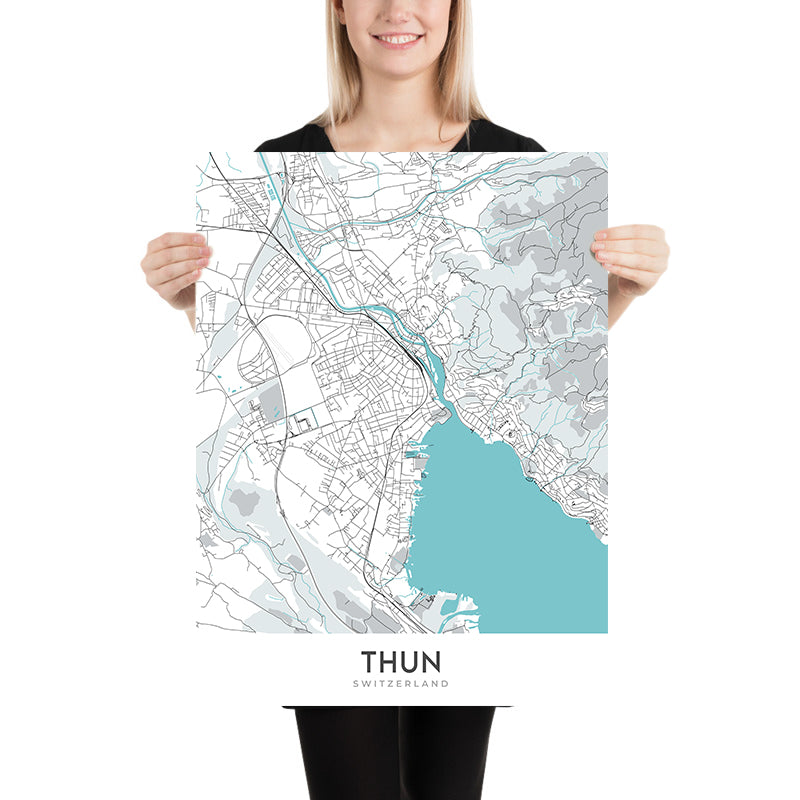 Moderner Stadtplan von Thun, Schweiz: Altstadt, Schloss Thun, Aare, Stockhorn, Niesen