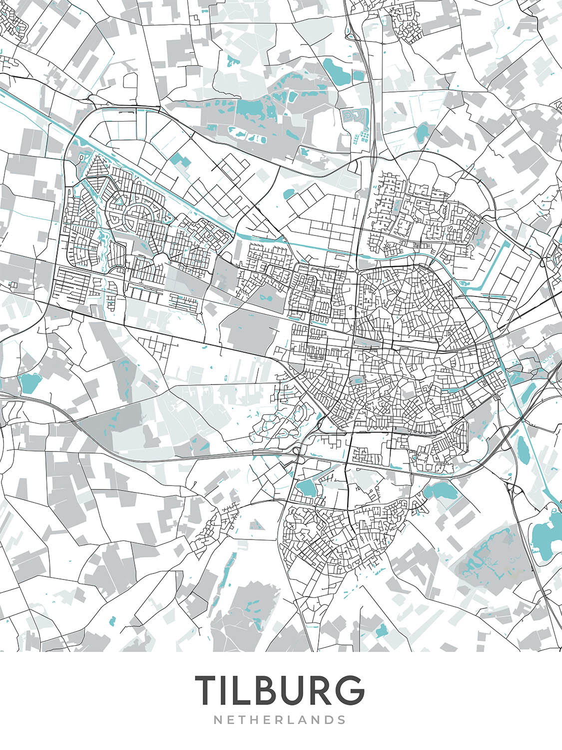 Moderner Stadtplan von Tilburg, Niederlande: Universität Tilburg, De Pont Museum, Natuurmuseum Brabant, TextielMuseum, Paleis-Raadhuis