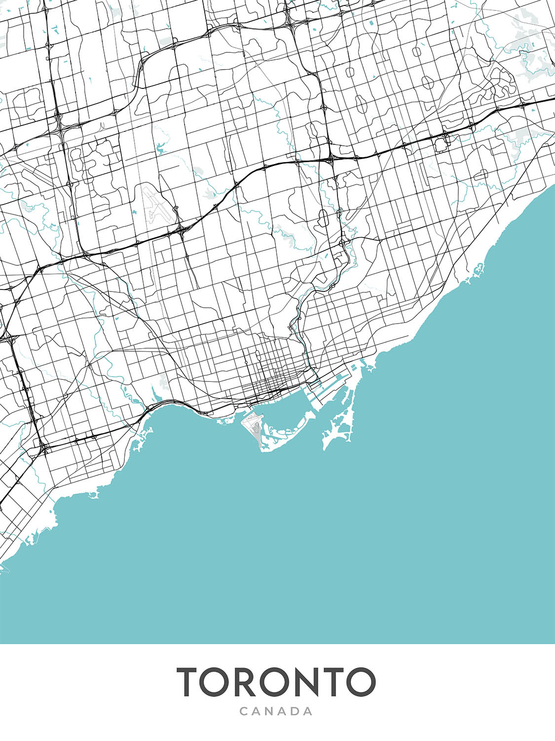 Plan de la ville moderne de Toronto, Canada : Tour CN, centre-ville, marché de Kensington, Musée royal de l'Ontario, îles de Toronto
