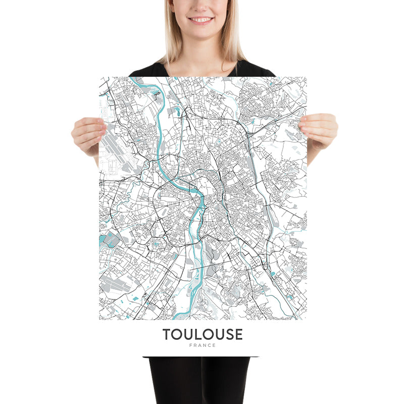 Moderner Stadtplan von Toulouse, Frankreich: Saint-Sernin, Pont Neuf, Place du Capitole, Canal du Midi, Fluss Garonne