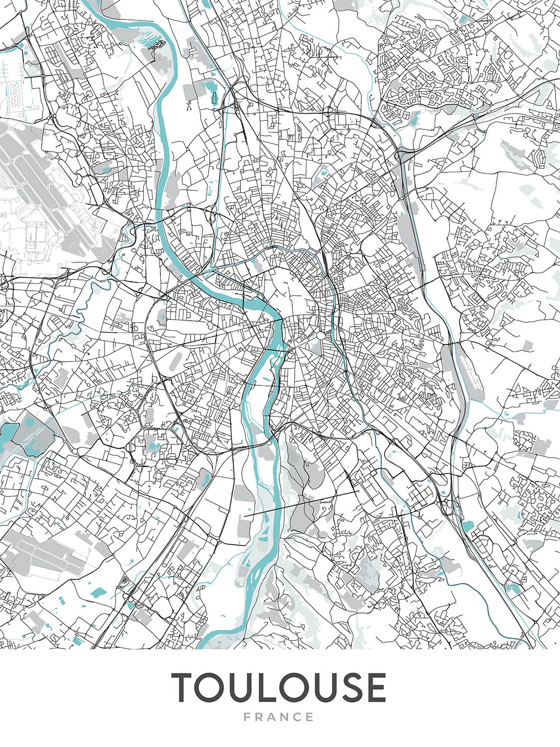 Modern City Map of Toulouse, France: Saint-Sernin, Pont Neuf, Place du Capitole, Canal du Midi, Garonne River
