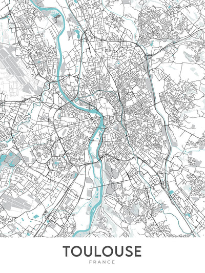 Moderner Stadtplan von Toulouse, Frankreich: Saint-Sernin, Pont Neuf, Place du Capitole, Canal du Midi, Fluss Garonne