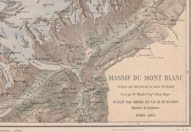Mapa antiguo del macizo del Mont Blanc en 1865 por Jean-Joseph Mieulet - Chamonix, Entreves, Les Houches, Saint-Nicolas de Veroce, Los Alpes