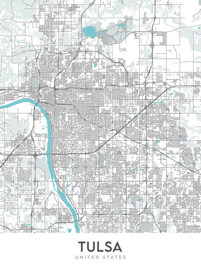 Mapa moderno de la ciudad de Tulsa, OK: centro, zoológico de Tulsa, I-44, jardín botánico de Tulsa, centro BOK
