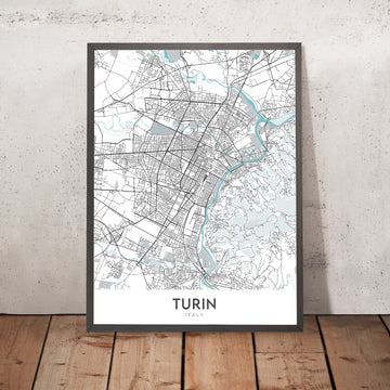 Plan de la ville moderne de Turin, Italie : Duomo, Mole, Musée égyptien, Stade de la Juventus, Basilique