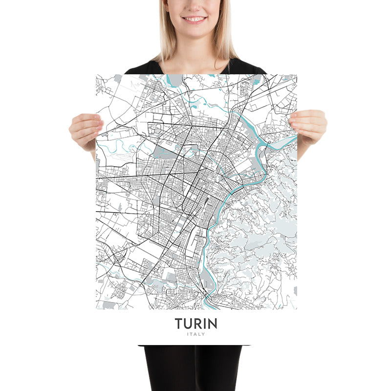 Modern City Map of Turin, Italy: Duomo, Mole, Egyptian Museum, Juventus Stadium, Basilica