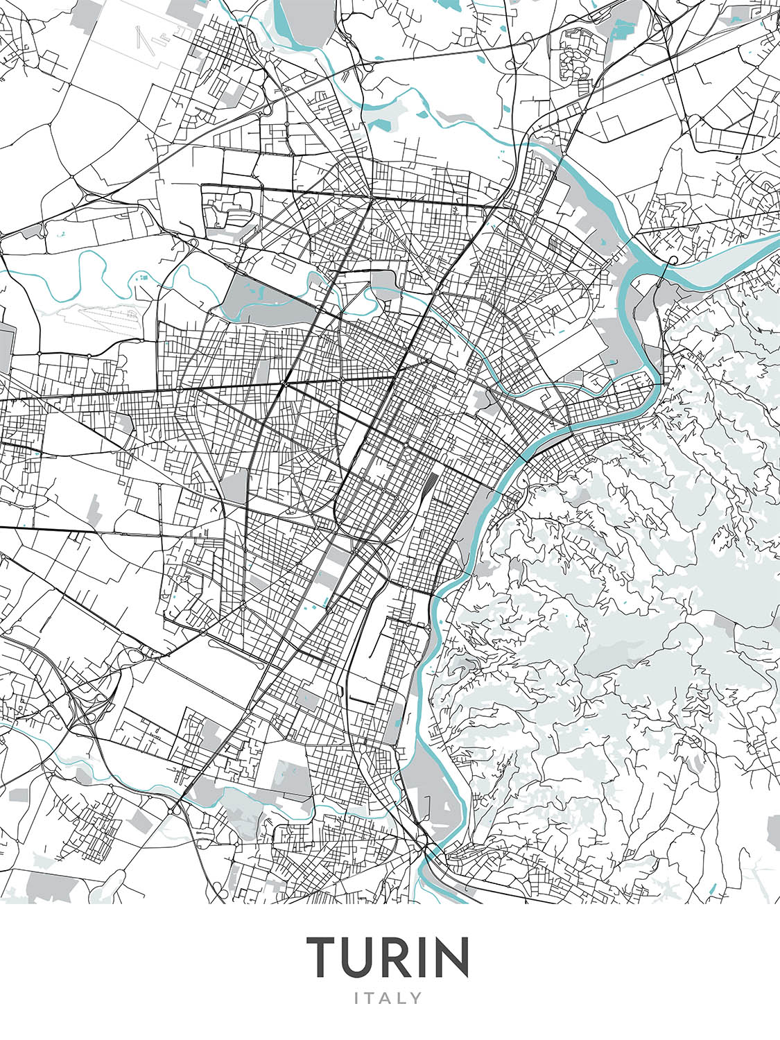 Plan de la ville moderne de Turin, Italie : Duomo, Mole, Musée égyptien, Stade de la Juventus, Basilique