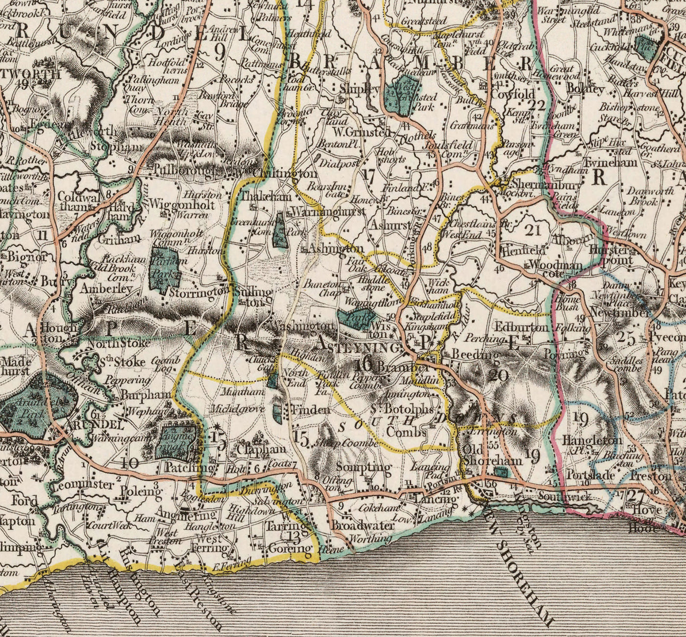 Ancienne carte du Sussex en 1801 par John Cary - Brighton, Hastings, Eastbourne, Preston, Dumford