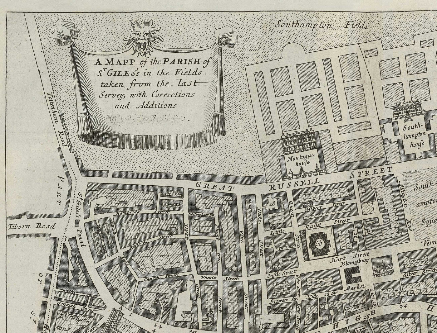 Ancienne carte de Londres St Giles en 1720 par John Strype et John Stow - Great Russell Street, Lincoln's Inn Fields, High Holborn, Drury Lane