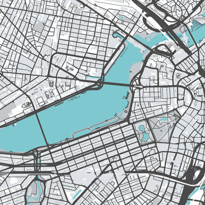 Plan de la ville moderne de Boston, MA : Back Bay, Fenway Park, Harvard University, Massachusetts Institute of Technology, North End