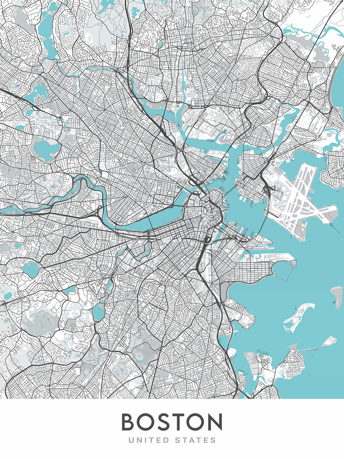 Modern City Map of Boston, MA: Back Bay, Fenway Park, Harvard University, MIT, North End