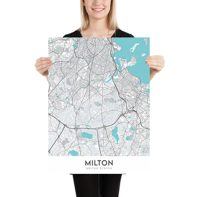 Plan de la ville moderne de Milton, MA : réserve de Blue Hills, parc Cunningham, Houghton's Pond, Chickatawbut Hill, Blue Hill Avenue