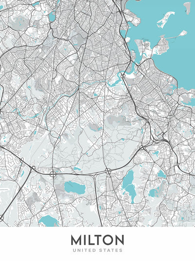 Mapa moderno de la ciudad de Milton, MA: Reserva Blue Hills, Cunningham Park, Houghton's Pond, Chickatawbut Hill, Blue Hill Avenue