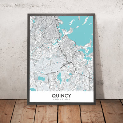 Plan de la ville moderne de Quincy, Massachusetts : parc historique national Adams, réserve de Blue Hills, cimetière de Germantown, marché de Quincy, plage de Wollaston
