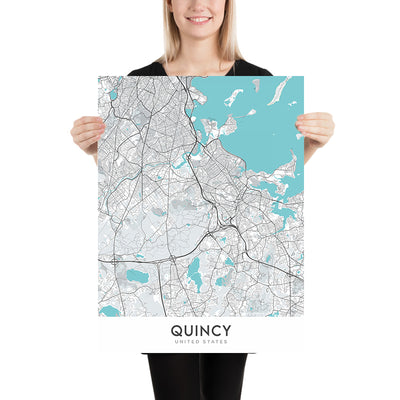 Mapa moderno de la ciudad de Quincy, Massachusetts: Parque Histórico Nacional Adams, Reserva Blue Hills, Cementerio de Germantown, Mercado de Quincy, Playa Wollaston