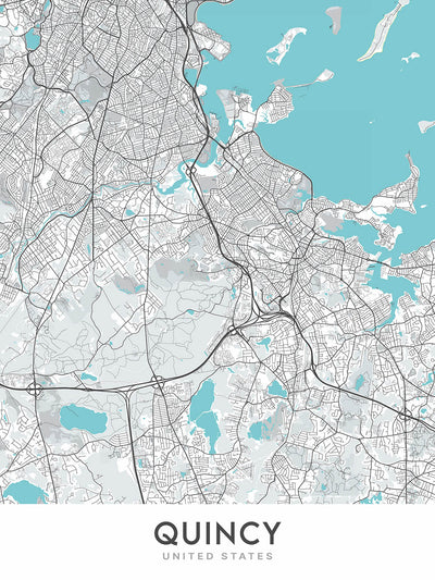 Mapa moderno de la ciudad de Quincy, Massachusetts: Parque Histórico Nacional Adams, Reserva Blue Hills, Cementerio de Germantown, Mercado de Quincy, Playa Wollaston