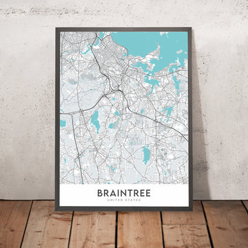 Mapa moderno de la ciudad de Braintree, MA: Ayuntamiento de Braintree, Escuela secundaria de Braintree, Biblioteca pública de Braintree, Ruta 3, Ruta 37