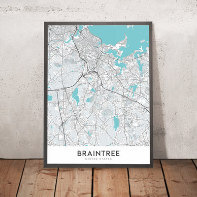 Mapa moderno de la ciudad de Braintree, MA: Ayuntamiento de Braintree, Escuela secundaria de Braintree, Biblioteca pública de Braintree, Ruta 3, Ruta 37
