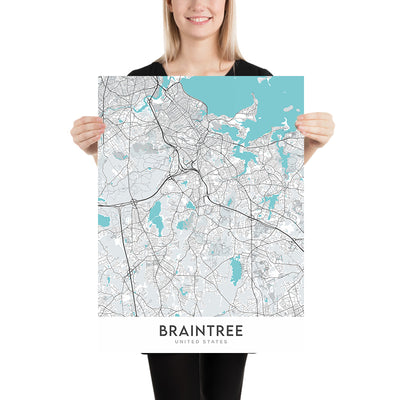 Modern City Map of Braintree, MA: Braintree Town Hall, Braintree High School, Braintree Public Library, Route 3, Route 37