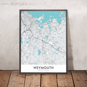 Mapa moderno de la ciudad de Weymouth, MA: Ayuntamiento de Weymouth, Biblioteca Tufts, Ruta 3, Ruta 18, Escuela secundaria de Weymouth