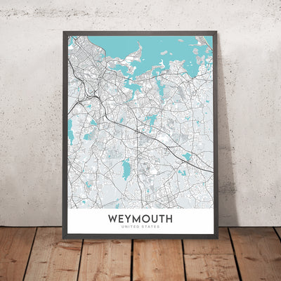 Plan de la ville moderne de Weymouth, MA : hôtel de ville de Weymouth, bibliothèque Tufts, route 3, route 18, lycée de Weymouth