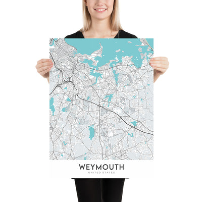 Mapa moderno de la ciudad de Weymouth, MA: Ayuntamiento de Weymouth, Biblioteca Tufts, Ruta 3, Ruta 18, Escuela secundaria de Weymouth