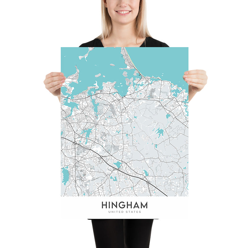 Plan de la ville moderne de Hingham, MA : port de Hingham, bout du monde, parc Bare Cove, Whitney et Thayer Woods, église Old Ship