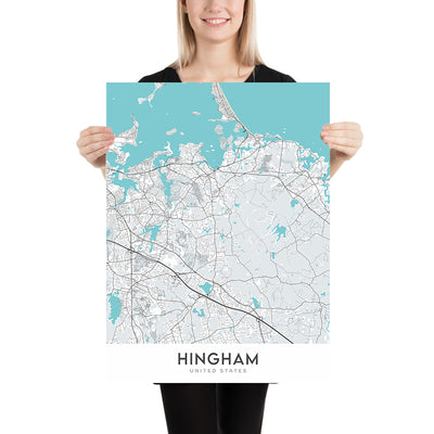 Modern City Map of Hingham, MA: Hingham Harbor, World's End, Bare Cove Park, Whitney and Thayer Woods, The Old Ship Church