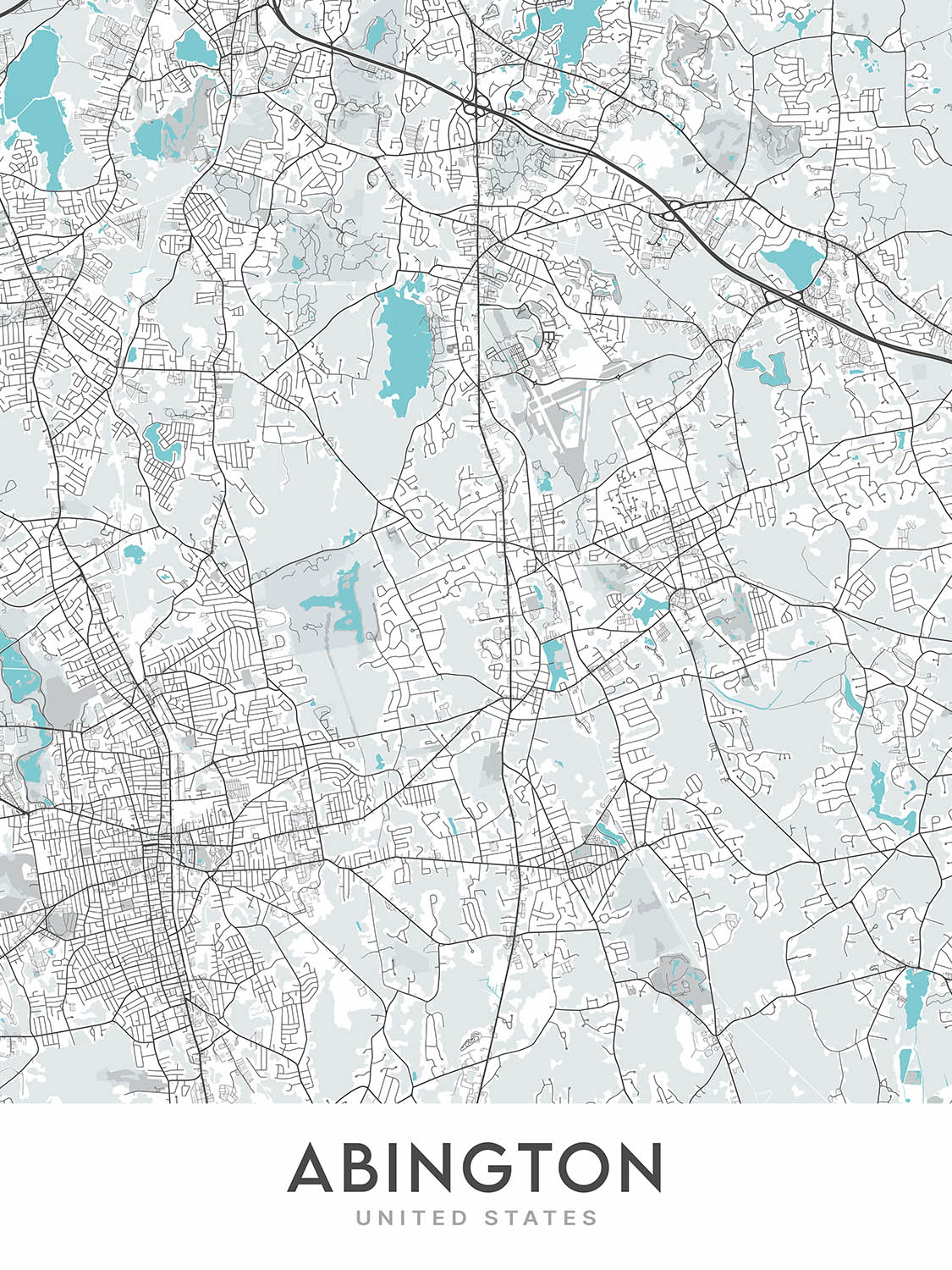 Mapa moderno de la ciudad de Abington, MA: Ayuntamiento de Abington, Biblioteca pública de Abington, Ruta 18, Ruta 27, Ruta 58