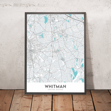 Plan de la ville moderne de Whitman, MA : hôtel de ville de Whitman, école secondaire régionale Whitman-Hanson, route 18, route 27, route 106