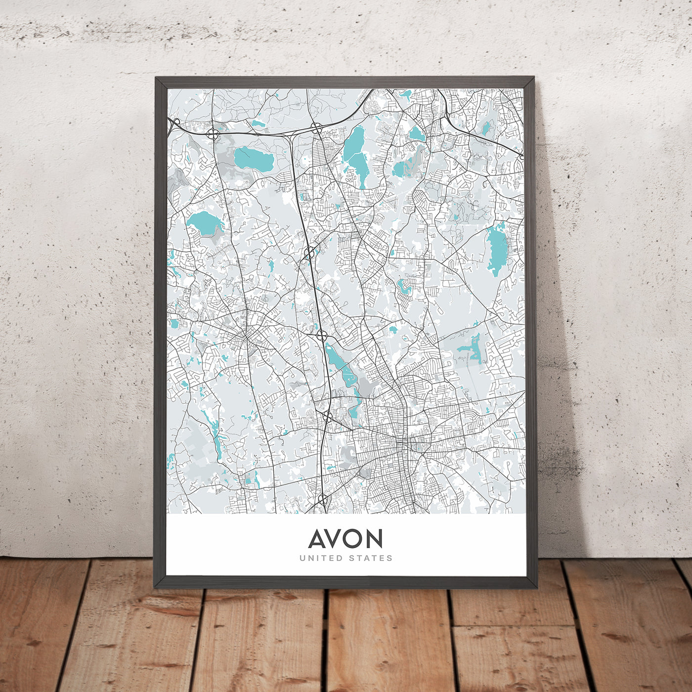 Plan de la ville moderne d'Avon, MA : hôtel de ville d'Avon, bibliothèque publique d'Avon, Christ Church, MA-28, MA-106