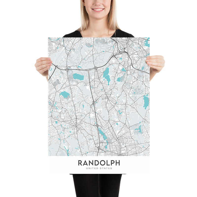 Mapa moderno de la ciudad de Randolph, MA: Ayuntamiento de Randolph, Biblioteca pública de Randolph, Escuela secundaria de Randolph, Interestatal 93, Ruta 24