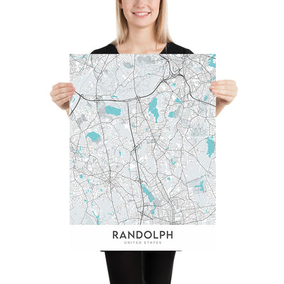 Plan de la ville moderne de Randolph, MA : hôtel de ville de Randolph, bibliothèque publique de Randolph, lycée de Randolph, Interstate 93, route 24