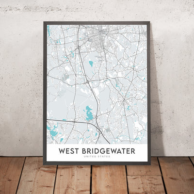 Mapa moderno de la ciudad de Bridgewater, MA: Universidad Estatal de Bridgewater, Bridgewater Common, Sociedad Histórica de Bridgewater, Antiguo Ayuntamiento de Bridgewater, Primera Iglesia Congregacional