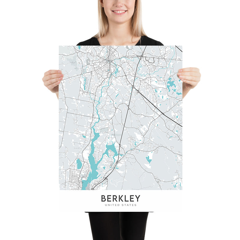 Mapa moderno de la ciudad de Berkley, MA: Berkley Common, Parque Estatal Dighton Rock, Río Taunton, Río Assonet, Área de Conservación Myricks