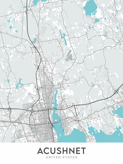 Mapa moderno de la ciudad de Acushnet, MA: Acushnet Center, North Acushnet, South Acushnet, East Acushnet, West Acushnet