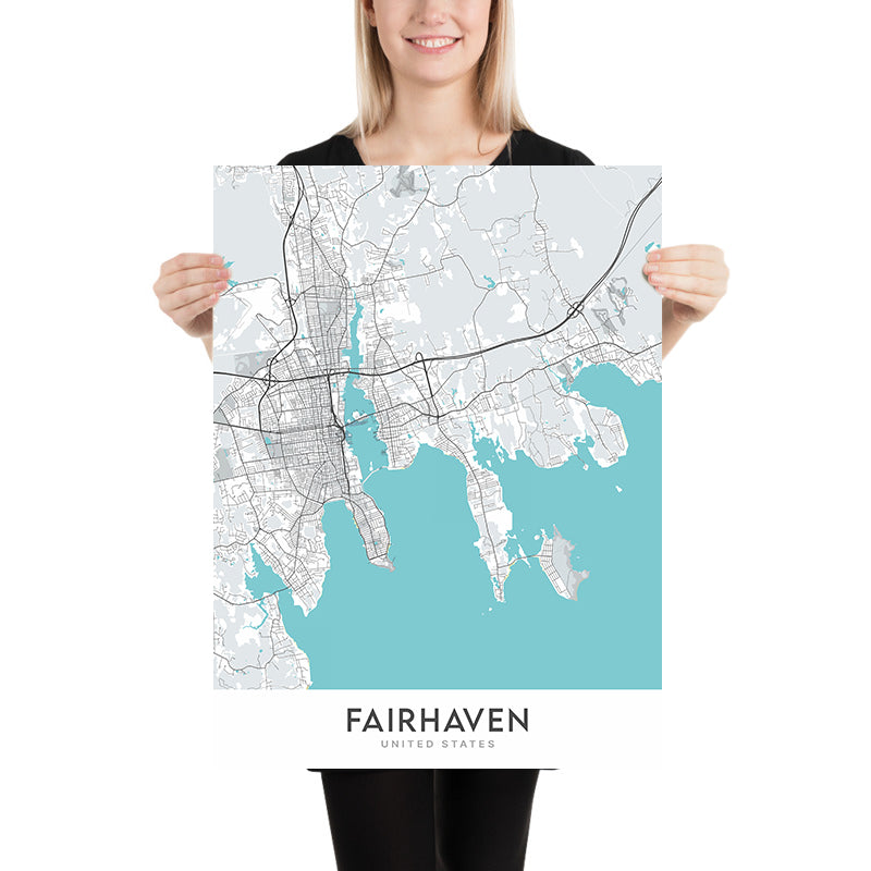 Mapa moderno de la ciudad de Fairhaven, MA: Fort Phoenix, Ayuntamiento, Biblioteca Millicent, Iglesia Unitaria Memorial, Escuela Secundaria Fairhaven