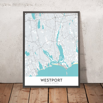 Mapa moderno de la ciudad de Westport, Massachusetts: Horseneck Beach, Ayuntamiento de Westport, Biblioteca pública de Westport, Sociedad histórica de Westport, The Point