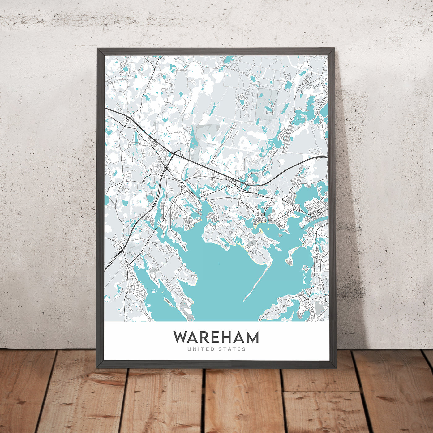 Mapa moderno de la ciudad de Wareham, MA: río Agawam, Bahía Buttermilk, Great Neck, Little Neck, Long Beach