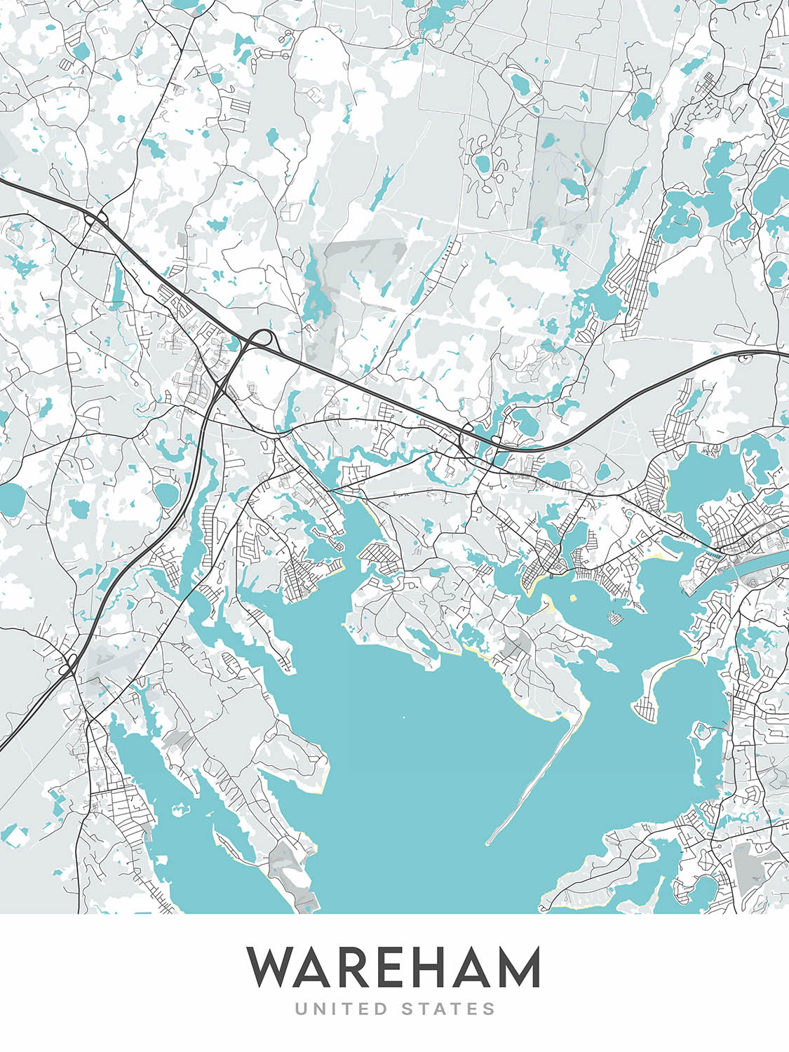 Mapa moderno de la ciudad de Wareham, MA: río Agawam, Bahía Buttermilk, Great Neck, Little Neck, Long Beach