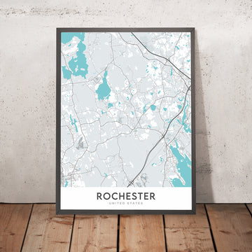 Plan de la ville moderne de Rochester, MA : hôtel de ville de Rochester, école Memorial de Rochester, bibliothèque publique de Rochester, route 28, route 105