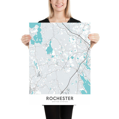 Plan de la ville moderne de Rochester, MA : hôtel de ville de Rochester, école Memorial de Rochester, bibliothèque publique de Rochester, route 28, route 105