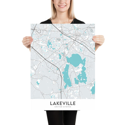 Plan de la ville moderne de Lakeville, MA : centre-ville de Lakeville, lac Assawompset, route 18, I-195, Massachusetts Turnpike