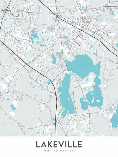 Modern City Map of Lakeville, MA: Lakeville Town Center, Lake Assawompset, Route 18, I-195, Massachusetts Turnpike