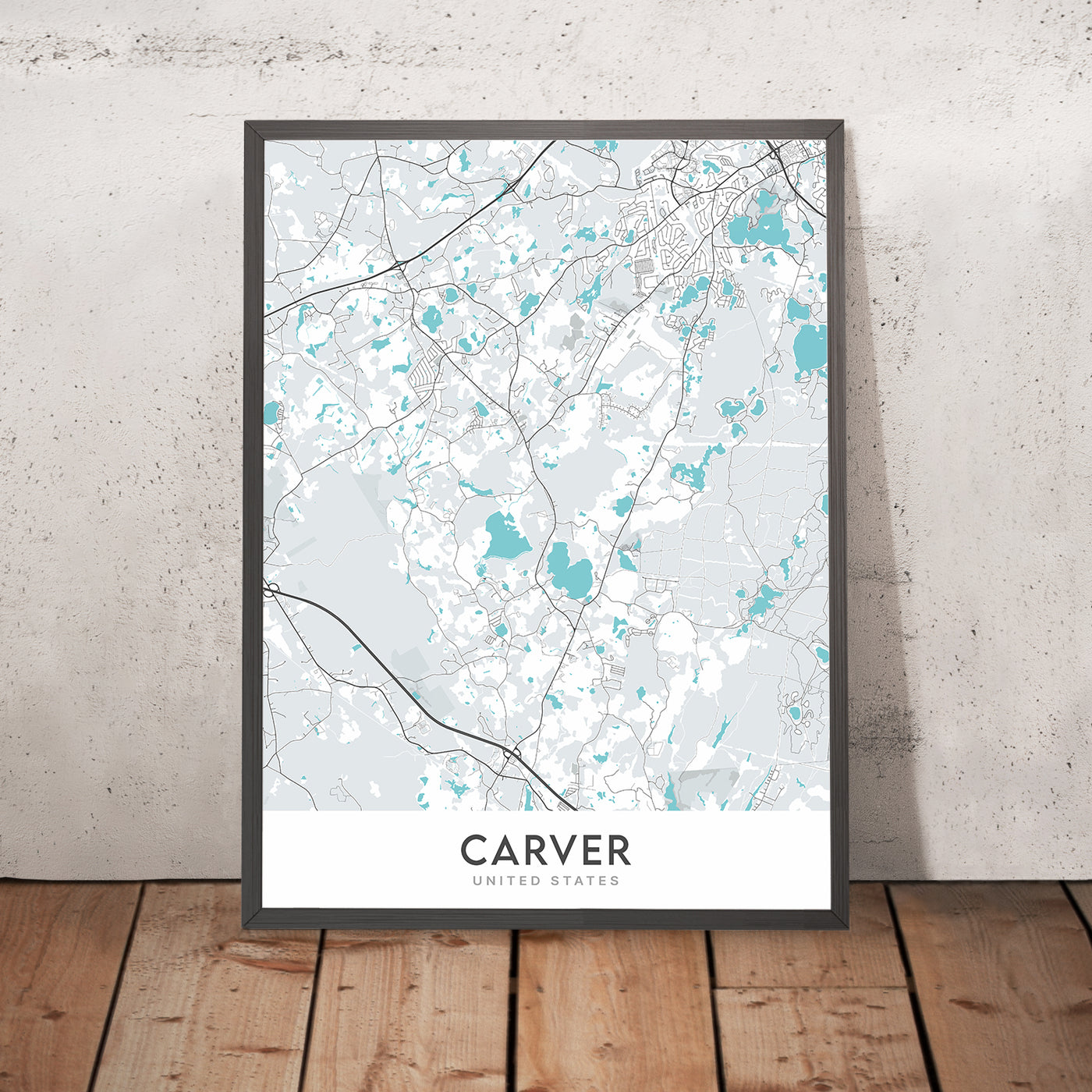 Plan de la ville moderne de Carver, MA : Carver Center, hôtel de ville de Carver, MA-58, MA-36, County Road